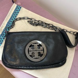Tory Burch Black Leather Clutch With Chain